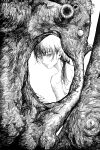  1girl absurdres chainsaw_man chinese_commentary commentary_request crosshatching dollllls2 empty_eyes frown greyscale hatching_(texture) highres looking_at_viewer looking_back low_twintails mitaka_asa monochrome nude solo tree twintails twitter_username upper_body 
