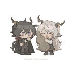  2boys animal_ears arknights black_cape black_hair black_jacket black_pants black_shirt blush_stickers cape chibi closed_eyes commentary ebenholz_(arknights) full_body goat_boy goat_ears goat_horns highres horns instrument_case jacket kreide_(arknights) long_hair looking_at_another multiple_boys open_mouth pants purple_eyes shirt simple_background smile sushitarou symbol-only_commentary twitter_username white_background white_hair white_shirt 