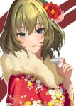  1girl blue_eyes choko_(cup) cup floral_print_kimono flower fur_collar green_eyes hair_between_eyes hair_flower hair_ornament heterochromia highres holding holding_cup idolmaster idolmaster_cinderella_girls japanese_clothes kimono mole mole_under_eye nyome991 red_kimono short_hair smile solo takagaki_kaede 