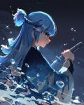  1girl artist_name blue_eyes blue_hair bubble earrings fian_f.n from_side highres holding holding_sword holding_weapon hololive hololive_indonesia jewelry katana kobo_kanaeru long_hair night night_sky profile serious sky solo sparkle sword upper_body virtual_youtuber water weapon 