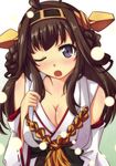  ;o ahoge blue_eyes braid breasts brown_hair cleavage detached_sleeves hairband japanese_clothes kantai_collection kongou_(kantai_collection) medium_breasts one_eye_closed open_mouth solo umino_mokuzu_(shizumisou) 