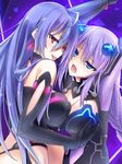  :p bdsm blue_eyes bodysuit bondage bound braid breast_grab breasts cleavage dominatrix earrings elbow_gloves gloves grabbing hair_ornament iris_heart jewelry kami_jigen_game_neptune_v large_breasts long_hair miyane_aki_(radical_dash) multiple_girls neptune_(series) open_mouth purple_hair purple_heart red_eyes saliva tongue tongue_out twin_braids yuri 