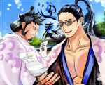 2boys artist_name black_hair blue_hair commentary_request dark_blue_hair denjirou_(one_piece) facial_hair goatee harakara12 high_ponytail japanese_clothes kinemon long_hair long_sideburns male_focus multiple_boys one_piece open_mouth outdoors ponytail short_hair sideburns smile sunglasses teeth topknot translation_request 
