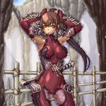  1girl adjusting_hair armor armpits arms_up bodysuit brown_eyes brown_hair cameltoe elbow_gloves fingerless_gloves gloves long_hair looking_at_viewer mouth_hold navel ninja ponytail shiny shiny_clothes skin_tight solo soul_calibur soulcalibur_iv standing taki taki_(soulcalibur) u-kichi very_long_hair 