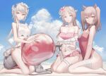  3girls air_pump angelina_(arknights) animal_ears arknights bare_arms bare_shoulders barefoot beach bikini black_choker blue_flower breasts brown_eyes choker cleavage closed_mouth cloud collarbone crocodilian_tail day eyjafjalla_(arknights) flower grey_hair hair_flower hair_ornament highres inflatable_toy kneeling long_hair looking_at_viewer medium_breasts multiple_girls navel outdoors parted_lips photo_background pink_bikini pink_flower plaid plaid_bikini seiza short_twintails sin9 sitting sky small_breasts swimsuit tail teeth thighlet thighs tomimi_(arknights) twintails upper_teeth_only white_bikini white_flower white_hair 