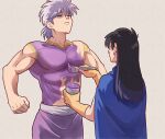 1boy 1girl b-saku black_hair blue_cloak bodypaint cloak closed_mouth cup dragon_quest dragon_quest_dai_no_daibouken eimi_(dai_no_daibouken) facing_another facing_up flexing gloves grey_background grey_hair headband holding holding_cup holding_paintbrush hyunkel long_hair paint paintbrush painted_clothes painting_(action) pants purple_pants short_hair simple_background toned toned_male topless_male yellow_gloves 