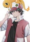  1boy absurdres black_hair black_shirt charmander commentary_request grey_eyes hand_on_headwear hand_up hat highres jacket male_focus neptune_(mhrc2784) on_head open_clothes open_jacket parted_lips pokemon pokemon_(creature) pokemon_on_head pokemon_rgby red_(pokemon) red_headwear shirt short_hair white_background 
