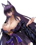  1girl animal_ear_fluff animal_ears areola_slip azur_lane bare_shoulders black_kimono breasts cleavage collarbone facial_mark fox_ears fox_girl fur_trim gem hand_on_own_chest highres huge_breasts japanese_clothes jewelry kimono kitsune leaning_forward lom_(lom_lom_8) long_hair long_sleeves magatama magatama_necklace musashi_(azur_lane) necklace open_mouth purple_gemstone purple_hair simple_background solo tongue tongue_out very_long_hair whisker_markings white_background wide_sleeves yellow_eyes 