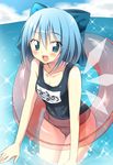  :d bad_id bad_pixiv_id blue_eyes blue_hair blush bow cirno fang hair_bow innertube leaning_forward looking_at_viewer ocean one-piece_swimsuit oniku_(shimofuri-ke) open_mouth partially_submerged school_swimsuit short_hair smile solo swimsuit touhou wings 