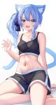  1girl absurdres animal_ears aoi_zerii bare_shoulders black_shorts blue_eyes blue_hair blue_ribbon blush breasts cat_ears cat_girl cleavage collarbone crop_top hair_between_eyes hair_ribbon highres hololive hoshimachi_suisei long_hair looking_at_viewer medium_breasts midriff navel open_mouth ribbon shirt short_shorts shorts side_ponytail sleeveless sleeveless_shirt solo star_(symbol) star_in_eye symbol_in_eye thighs virtual_youtuber 