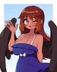  1girl :3 absurdres arm_behind_back black_wings blue_background blue_dress border bow breasts brown_hair cleavage collarbone commission daigada dark-skinned_female dark_skin dress feathered_wings frilled_dress frills gradient_background hair_between_eyes highres long_hair looking_at_viewer one_eye_closed open_mouth original purple_eyes sidelocks solo waving white_background white_border white_bow wings 