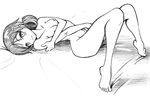  1girl :3 breasts corpse_party curly_hair hair_ornament hairpin long_hair lying monochrome nipples nude on_back shinohara_seiko smile 