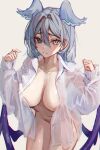  1girl absurdres blue_eyes blue_hair blush breasts cowboy_shot elira_pendora fang hair_between_eyes head_wings heterochromia highres long_hair looking_at_viewer low_wings multicolored_hair naked_shirt naokomama navel nijisanji nijisanji_en open_clothes purple_eyes shirt skin_fang solo virtual_youtuber white_background wings 