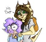 anthro backpack blush bodily_fluids bone_frill brown_hair ceratopsian clothed clothing colored dialogue dinosaur dromaeosaurid duo english_text eyewear facial_horn faustanon female frill_(anatomy) glasses goodbye_volcano_high green_eyes hair hand_on_shoulder horn larger_female long_hair long_tail microraptor nervous_sweat nose_horn ornithischian pupils purple_hair reptile sage_(gvh) scales scalie shirt simple_background size_difference slit_pupils smile snoot_game snout spiked_frill stephanie_(snoot_game) sweat tail tan_body tan_scales text theropod topwear triceratops white_background