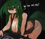 accessory animal_humanoid big_breasts big_butt breasts butt cleavage clothed clothing dialogue ear_piercing female green_hair hair hair_accessory hi_res huge_breasts humanoid lizard_humanoid looking_at_viewer markings mole_(marking) open_mouth piercing red_eyes reptile reptile_humanoid scalie scalie_humanoid solo tail text thick_thighs unknown_character zanamaoria