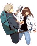  1boy 1girl absurdres backpack bag black_hoodie black_jacket blonde_hair blue_bag blue_pants bomber_jacket brown_eyes brown_hair closed_mouth commentary denim english_commentary gun handgun highres holding holding_gun holding_weapon hood hoodie isaacchief300 jacket jeans kiruko_(tengoku_daimakyou) long_hair long_sleeves looking_at_viewer maru_(tengoku_daimakyou) open_clothes open_jacket pants serious simple_background sweatpants tengoku_daimakyou weapon white_background white_jacket 