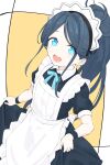  1girl :d absurdres apron aris_(blue_archive) aris_(maid)_(blue_archive) black_dress black_hair black_wristband blue_archive blue_eyes blue_ribbon collar commentary_request dress frilled_apron frills highres long_hair looking_at_viewer maid maid_apron maid_headdress official_alternate_costume open_mouth parted_bangs ponytail puffy_short_sleeves puffy_sleeves ribbon short_sleeves smile solo teeth upper_teeth_only user_ejmv3243 very_long_hair white_apron 