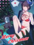  1girl animal_ears barefoot bikini black_hair blue_archive blush breasts cat_ears christmas_tree cleavage collarbone colored_inner_hair doodle_sensei_(blue_archive) extra_ears finger_to_mouth halo heart highres indoors kazusa_(blue_archive) knee_up merry_christmas multicolored_hair navel pink_hair red_bikini santa_bikini sensei_(blue_archive) shiwa_(jired1234) short_hair sitting spoken_heart stuffed_animal stuffed_toy swimsuit teddy_bear thigh_strap 