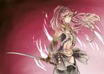  alicethebrabbito alternate_color alternate_eye_color bad_id bad_pixiv_id bangs bare_shoulders black_legwear braid bridal_gauntlets detached_sleeves expressionless fire_emblem fire_emblem:_kakusei gloves hairband holding katana looking_at_viewer midriff navel olivia_(fire_emblem) pink_hair red_eyes see-through sleeveless standing swept_bangs sword thighhighs twin_braids wavy_hair weapon wind 