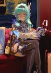  1girl absurdres alcohol black_gloves black_hairband blue_cape blue_hair blue_necktie blush boots bottle cape closed_mouth couch crossed_legs cup drinking_glass drunk eula_(genshin_impact) feet_out_of_frame genshin_impact gloves hair_ornament hairband high-waist_shorts highres indoors kawa_itsukado light_frown long_sleeves looking_at_viewer medium_hair necktie nose_blush on_couch orange_eyes shorts sidelocks solo thigh_boots vision_(genshin_impact) white_sleeves wide_sleeves wine wine_bottle wine_glass 