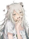  1girl :p animal_ear_piercing animal_ears black_choker black_nails choker eyelashes fangs fingernails grey_eyes grey_hair hair_between_eyes heart highres hololive jewelry kumono_nnn licking licking_finger lion_ears lion_tail long_fingernails long_hair long_hair_between_eyes looking_at_viewer loose_clothes loose_shirt makeup mascara messy_hair nail_polish necklace no_bra official_alternate_costume official_alternate_hairstyle sharp_fingernails shirt shishiro_botan shishiro_botan_(4th_costume) simple_background single_bare_shoulder smile solo t-shirt tail tongue tongue_out upper_body virtual_youtuber white_background white_shirt 