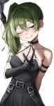  1girl absurdres bare_shoulders black_dress black_gloves breasts cleavage collarbone dress gloves green_hair green_tea_(greente42869067) hair_between_eyes highres long_hair looking_at_viewer medium_breasts one_eye_closed purple_eyes side_ponytail smile solo sousou_no_frieren ubel_(sousou_no_frieren) v white_background 