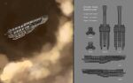  absurdres battlecruiser_(eve_online) cloud commentary concept_art english_text eve_online from_side highres military_vehicle minmatar_republic_(eve_online) modalmechanica multiple_views no_humans original outdoors reference_sheet science_fiction space spacecraft star_(sky) vehicle_focus 