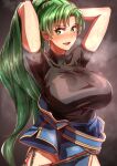  1girl absurdres arms_behind_back black_shirt blush breasts fire_emblem fire_emblem:_the_blazing_blade green_eyes grey_hair highres large_breasts long_hair looking_at_viewer lyn_(fire_emblem) ponytail shirt simple_background solo sweat to_(tototo_tk) very_long_hair 