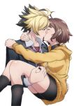  1boy 1girl absurdres ahoge bike_shorts black_hair black_jacket blazer blonde_hair brown_hair carrying closed_eyes collared_shirt cropped_torso hand_on_another&#039;s_neck hetero highres hood hooded_jacket jacket kido_hyde kiss light_blush linne long_sleeves looking_at_another multicolored_hair necktie nijizuki_shino open_collar princess_carry red_eyes red_necktie shirt short_hair simple_background spiked_hair two-tone_hair under_night_in-birth white_background yellow_jacket 