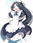  1girl absurdly_long_hair absurdres apron aqua_halo aqua_ribbon aris_(blue_archive) aris_(maid)_(blue_archive) bazz000033 black_dress black_hair black_wristband blue_archive blue_eyes commentary_request dress frilled_apron frills hands_on_own_hips highres long_hair looking_at_viewer maid maid_apron maid_headdress official_alternate_costume open_mouth pantyhose ponytail puffy_short_sleeves puffy_sleeves ribbon short_sleeves simple_background smile solo square_halo teeth upper_teeth_only very_long_hair white_apron white_background white_pantyhose 