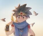  1boy adjusting_scarf arm_guards armor b-saku bird black_hair blue_scarf child closed_mouth covered_mouth cross_scar dai_(dragon_quest) dragon_quest dragon_quest_dai_no_daibouken forehead_protector gem gome hand_up happy looking_at_animal male_focus motion_blur pauldrons red_gemstone scar scar_on_cheek scar_on_face scarf shared_clothes shared_scarf short_hair shoulder_armor sky slime_(creature) smile spiked_hair toned toned_male upper_body 
