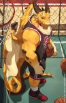  1boy absurdres artist_name ball bara basketball_(object) basketball_court basketball_hoop basketball_uniform broken_fang chain-link_fence closed_mouth dragon_boy dragon_horns dragon_tail dragon_wings fence from_above full_body furry furry_male highres holding holding_ball horns looking_to_the_side male_focus muscular muscular_male nike ophion_(housamo) shoes sneakers solo sportswear tail thick_arms tokyo_afterschool_summoners wings yed_(yedsilent) yellow_scales 