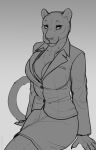 2024 absurd_res anthro big_breasts biped breasts claws cleavage clothed clothing digital_media_(artwork) felid female finger_claws grey_background greyscale hi_res looking_at_viewer mammal monochrome pantherine patecko simple_background sitting solo