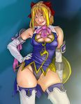  1girl bare_shoulders black_panties blonde_hair blue_eyes bow cassandra_alexandra elbow_gloves gloves hair_bow hand_on_hip looking_at_viewer panties plump shield smile solo soul_calibur soulcalibur_iv standing take_(draghignazzo) thighhighs thighs underwear white_gloves 