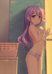  1girl ahoge armpit_crease artist_name azur_lane bare_arms bare_shoulders bow bow_panties breasts chinese_commentary closed_mouth commentary_request dated from_side hair_bun highres holding holding_towel lace-trimmed_panties lace_trim laundry_basket light_blush long_hair looking_at_viewer navel panties purple_eyes purple_hair purple_panties shower_(place) single_side_bun small_breasts smile solo standing stomach thighs topless towel underwear unicorn_(azur_lane) xiao_shi_lullaby 