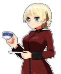  1girl 3085fes artist_name black_outline blonde_hair blue_eyes braid closed_mouth cup darjeeling_(girls_und_panzer) girls_und_panzer highres holding holding_cup holding_saucer jacket long_sleeves looking_to_the_side military_uniform outline red_jacket saucer short_hair simple_background smile solo st._gloriana&#039;s_military_uniform teacup uniform white_background 