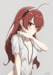  1girl ahoge breasts closed_mouth collarbone crossed_bangs downblouse eris_greyrat grey_background hairband highres long_hair looking_at_viewer mushoku_tensei nanao_gan profile red_eyes red_hair shirt signature simple_background small_breasts solo sweat upper_body white_shirt 