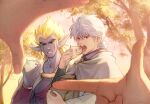  2boys arm_guards b-saku bag baozi blonde_hair blue_skin blurry clenched_teeth colored_skin day depth_of_field dragon_quest dragon_quest_dai_no_daibouken eating facial_mark finger_frame food furrowed_brow grey_cloak grey_hair holding holding_food hyunkel jacket larhart long_sleeves looking_at_viewer male_focus multiple_boys open_mouth out_of_frame paper_bag ponytail pov pov_hands purple_jacket short_hair side-by-side slime_(dragon_quest) spiked_hair teeth white_hair 