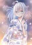  1girl blue_eyes blush braid elaina_(majo_no_tabitabi) fireworks flower hair_flower hair_ornament hands_up highres japanese_clothes kimono kushiro147 long_hair looking_to_the_side majo_no_tabitabi neck sidelocks smile white_hair yukata 