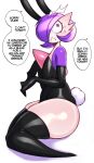absurd_res bodily_fluids clothing dialogue gardevoir generation_3_pokemon girly hair hi_res humanoid legwear male nintendo not_furry pokemon pokemon_(species) purple_hair saltyxodium simple_background solo speech_bubble sweat thick_thighs thigh_highs white_background