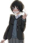  1girl amagami black_eyes black_hair black_jacket black_sailor_collar blazer blue_cardigan blush cardigan collared_shirt grey_skirt hair_ribbon hand_up jacket kibito_high_school_uniform long_sleeves looking_at_viewer mori_heichi nanasaki_ai open_clothes open_jacket parted_lips pink_ribbon pleated_skirt ribbon sailor_collar school_uniform shirt short_hair signature simple_background skirt solo white_background white_shirt 