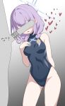  1girl 1other acalephea atsuko_(blue_archive) bare_arms bare_legs bare_shoulders black_one-piece_swimsuit blue_archive blush braid grey_halo halo heart highres long_hair one-piece_swimsuit open_mouth purple_hair solo_focus swimsuit twin_braids 