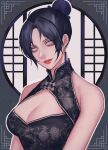  1girl alternate_costume apex_legends black_dress black_hair bun_cover china_dress chinese_clothes cleavage_cutout clothing_cutout dress earrings grey_eyes hair_behind_ear hair_bun head_tilt highres jewelry looking_at_viewer no_pupils nose_piercing parted_bangs parted_lips piercing portrait red_lips single_hair_bun sleeveless sleeveless_dress smile solo tama_(ponz3o1) tassel tassel_earrings wraith_(apex_legends) 