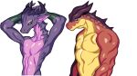 ambiguous_gender anthro duo green_eyes hands_above_head holding_horn horn jijis-waifus looking_at_viewer multicolored_body nude pecs purple_body purple_eyes scalie simple_background spikes standing tagme white_background
