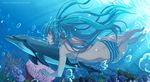  air_bubble ass barefoot bikini blue_eyes blue_hair breath bubble coral diving dolphin dream_of_abell freediving hatsune_miku holding_breath long_hair puffy_cheeks solo striped striped_bikini swimming swimsuit thigh_gap underwater very_long_hair vocaloid 