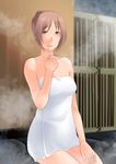  1girl brown_eyes brown_hair kawai_fuguri long_hair naked_towel newhalf sakai_natsuki sauna tamatama0721 towel 