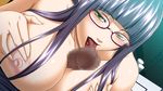  1boy 1girl black_package_try blush breasts censored epidemic_kansen_kakudai game_cg glasses large_breasts licking oral paizuri penis purple_hair tongue 