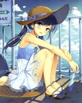  absurdres blue_hair bottle cloud day dress feet hair_ornament hat highres komi_zumiko legs long_hair non-web_source ocean open_mouth original purple_eyes railing ramune sandals scan sign sitting smile solo straw_hat sun_hat toes twintails water 
