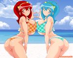  2girls beach bikini blue_eyes blue_hair brabustersystem breast_press breasts huge_breasts long_hair magutan multiple_girls original red_eyes red_hair swimsuit 