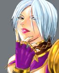  1girl bust face fingerless_gloves gloves isabella_valentine lips looking_at_viewer purple_eyes seed01010 short_hair solo soul_calibur soulcalibur_iv upper_body white_hair 